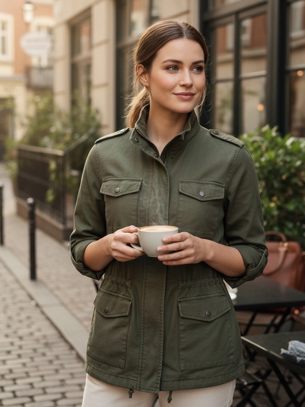 Caslon Olive Green Utility Jacket with Drawstring Waist